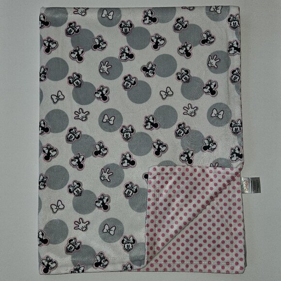 Disney Baby Minnie Mouse Reversible Blanket Gray White Pink Polka Dots Bow Hand - Picture 1 of 7